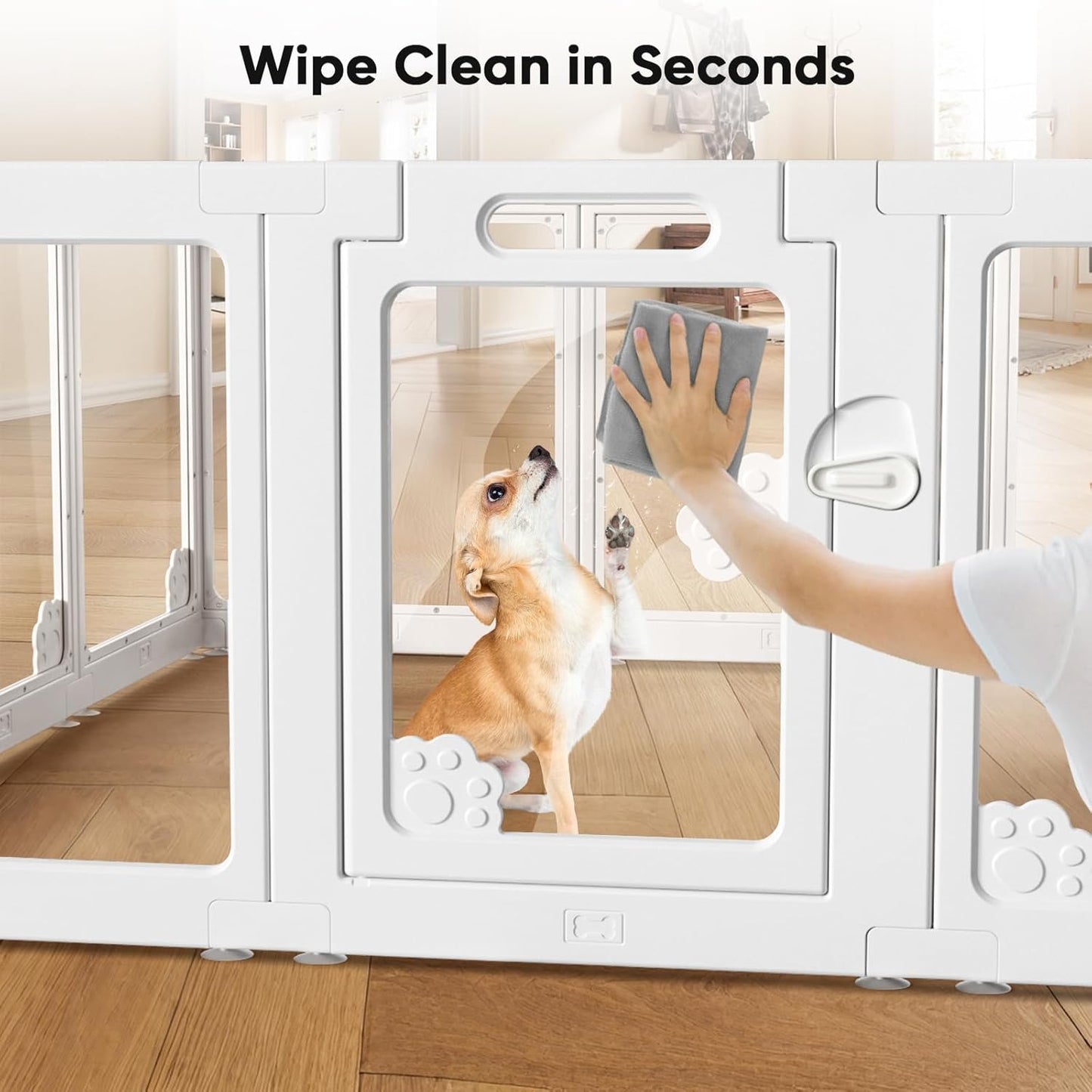 Acrylic Clear Dog Play Pen Indoors, Puppy Playpen with Door for Small Dogs Puppies, Transparent Plastic Pet Playpen Cage Fence Crate Kennel for Cat Kitten Rabbit Bunny Ferret etc (White-8 Panels)