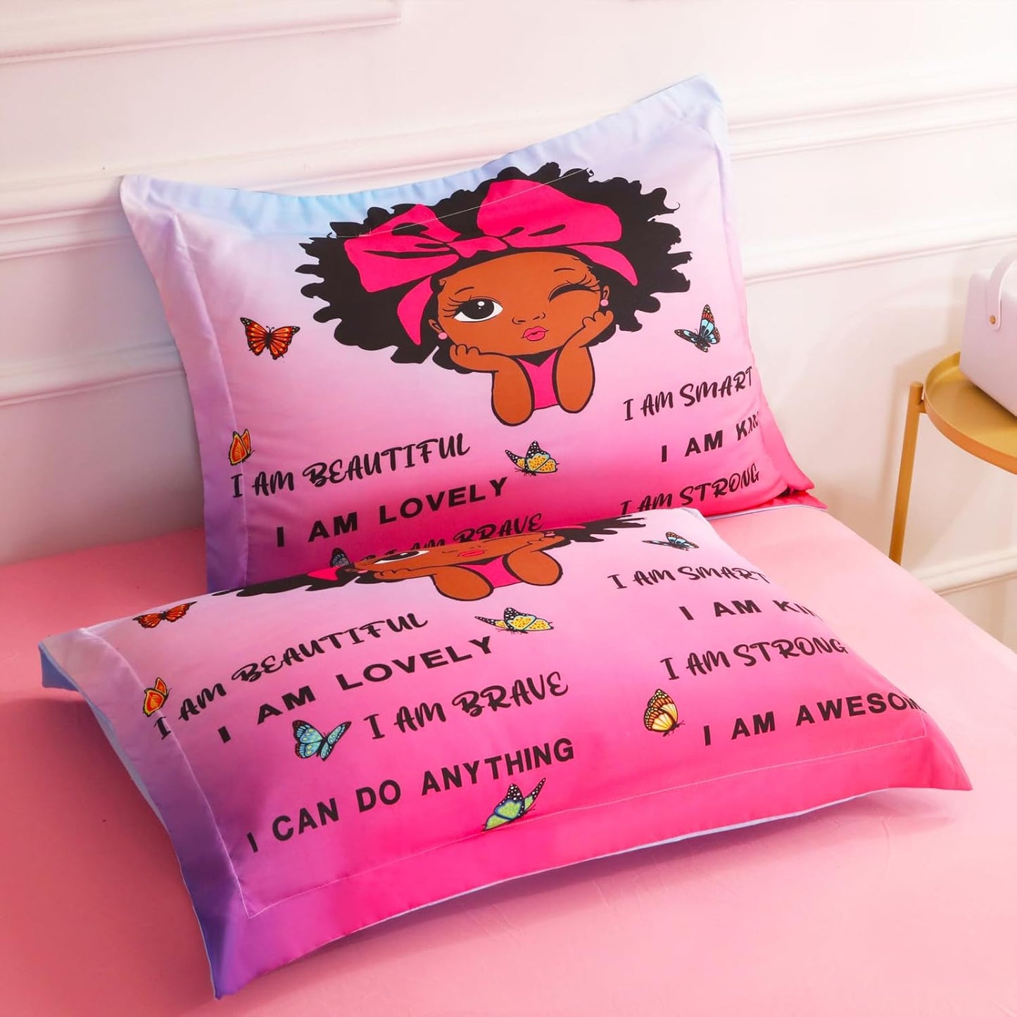 7 Piece Black Girls Magic Comforter Set Twin Size African American Girl Bedding Sets Bed in A Bag for Kids Teens Inspirational Quotes Pink Blue Quilt Room Decor