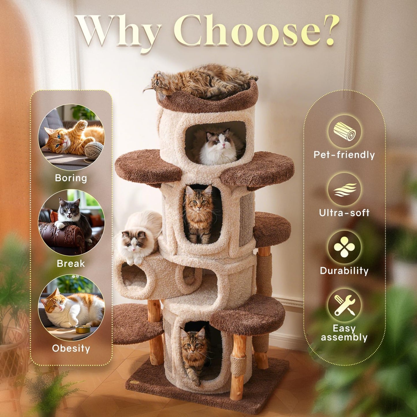 69.69'' Modern Cat Tree for Indoor Cats Large Adult, Luxury Cat Tower with Scratching Post, Multi Level Spacious Condo, Heavy Duty Kitty House, Sturdy Cat Activity Center for Large Cat