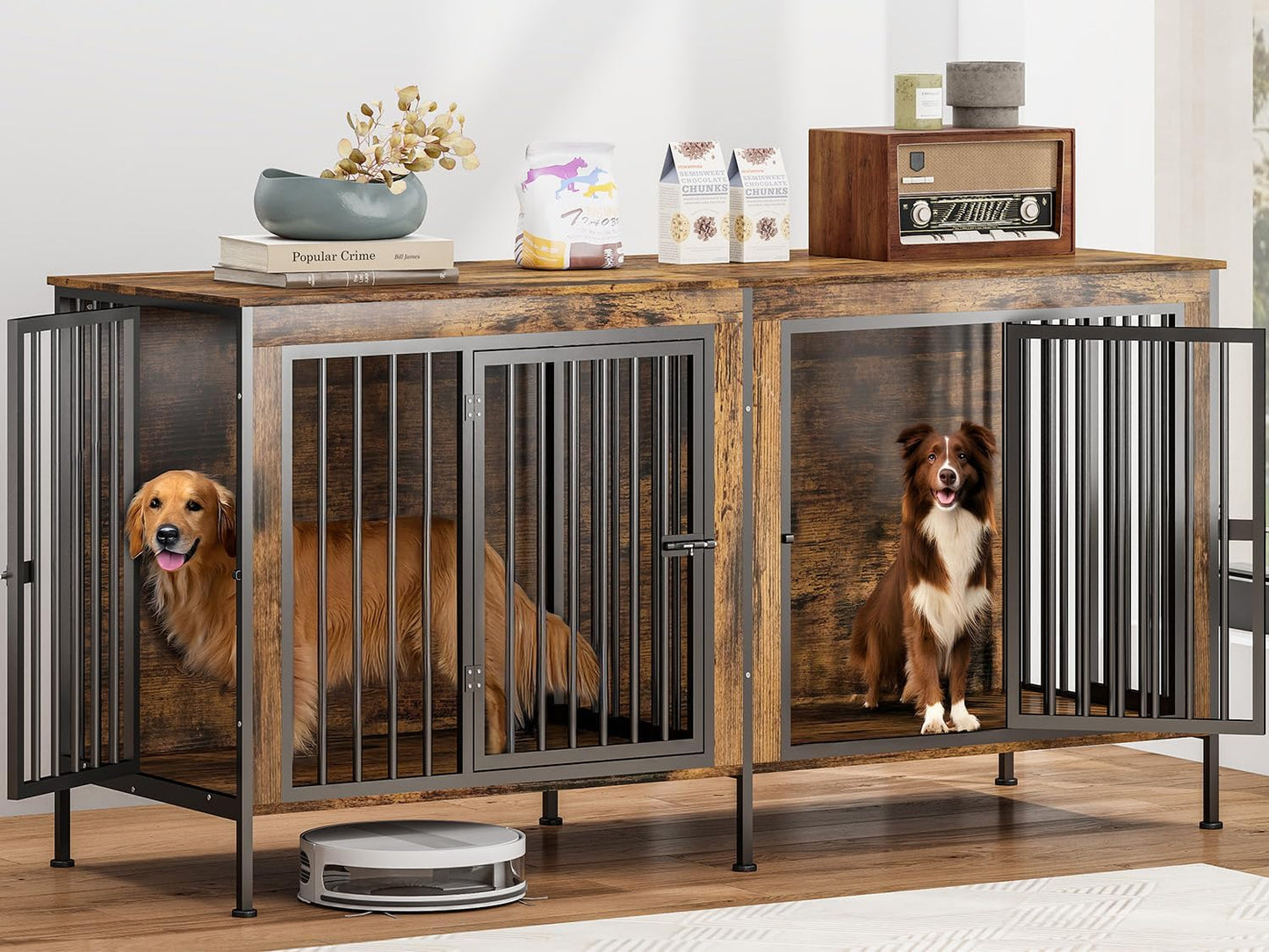 63 in Dog Crate Furniture for 2 Large/Medium Dogs with Removable Divider, Extra Large Double Doors Dog Kennel, XXL Thick Wooden Dog Cage Furniture,Sturdy and Durable, Brown