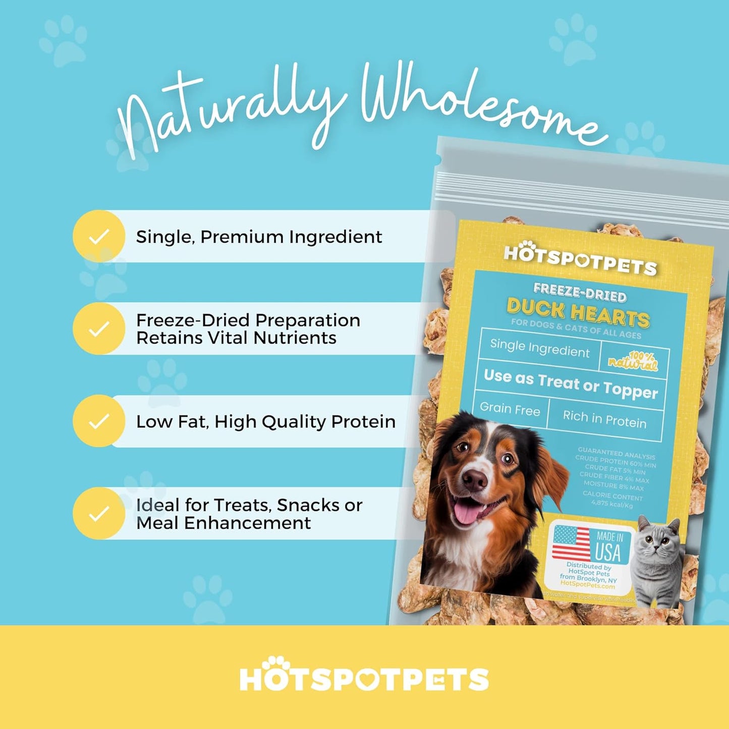 hotspot pets Freeze Dried Duck Heart Treats for Cats & Dogs - Made in USA, 1LB Big Bag - Single Ingredient All Natural Grain-Free Duck Hearts - Perfect for Training, Topper or Snack