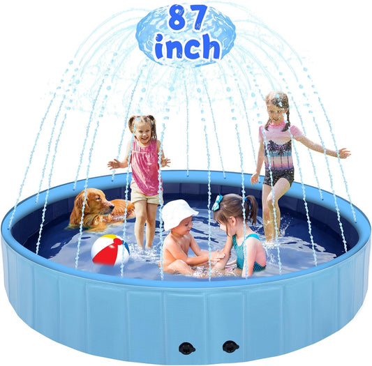 87" Large Dog Pool with Sprinkler, 2-in-1 Foldable Swimming Pool Non-Slip Hard Plastic Splash Sprinkler Kiddie Pool for Outdoor Backyard Kids Dogs Ducks and Pet Baths