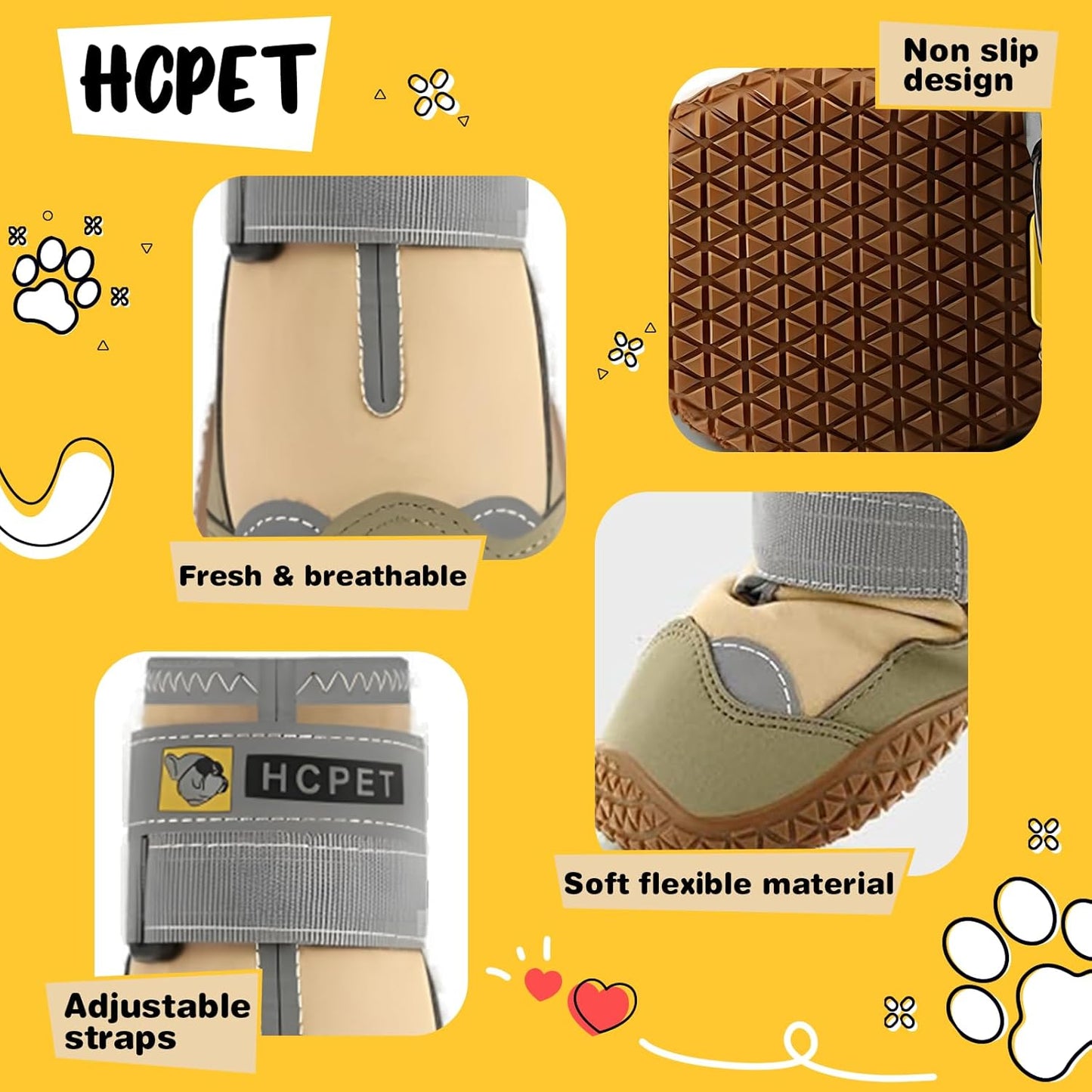 Hcpet Dog Shoes for Large Dogs, Waterproof Dog Booties for Small Medium Dogs, Anti-Slip Dog Boots & Paw Protectors for Hot Pavement Winter Snow Hiking with Reflective Straps Khaki Size 8