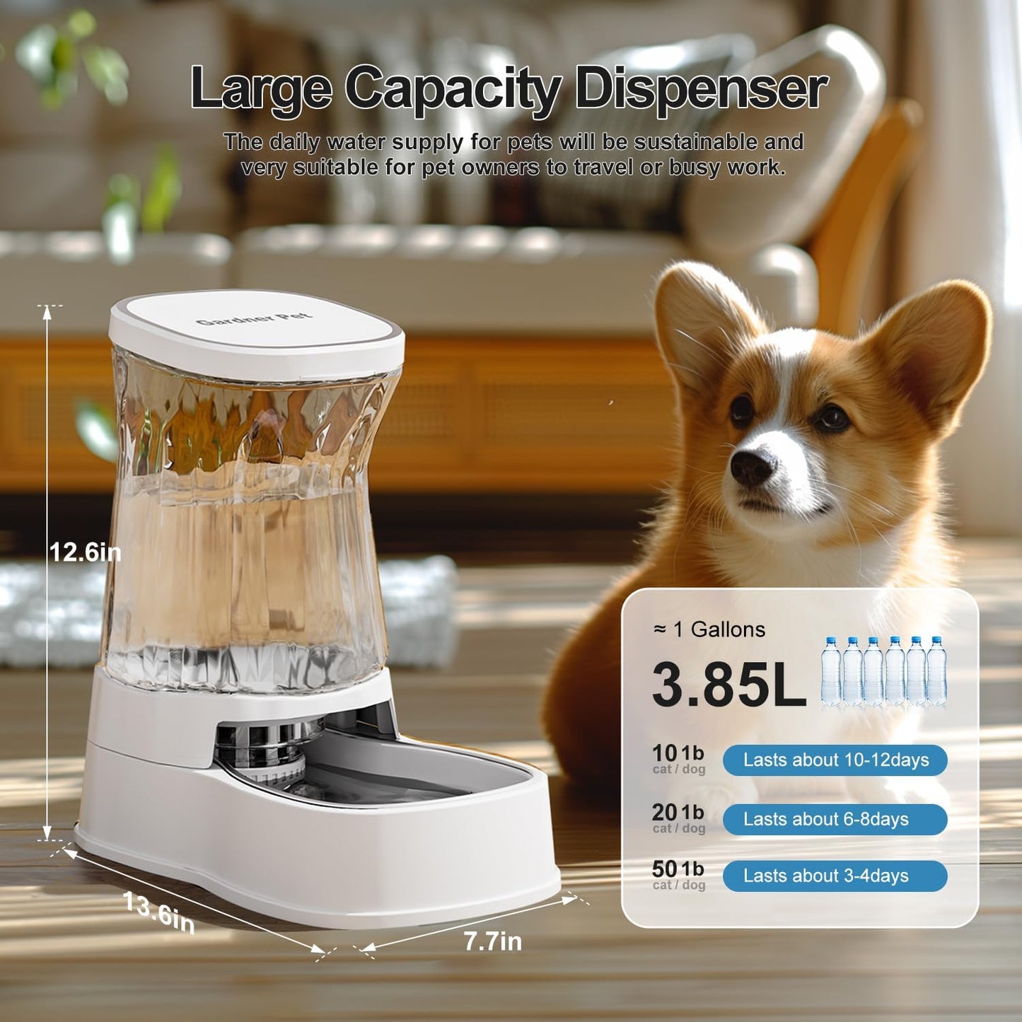 Gardner Pet Automatic Dog Water Dispenser Gravity Stainless Steel Water Waterer Feeder, 100% BPA-Free Large Capacity Water Feeding Bowls for Medium & Large-Sized Dogs Cats Other Pets -(1 Gallon)