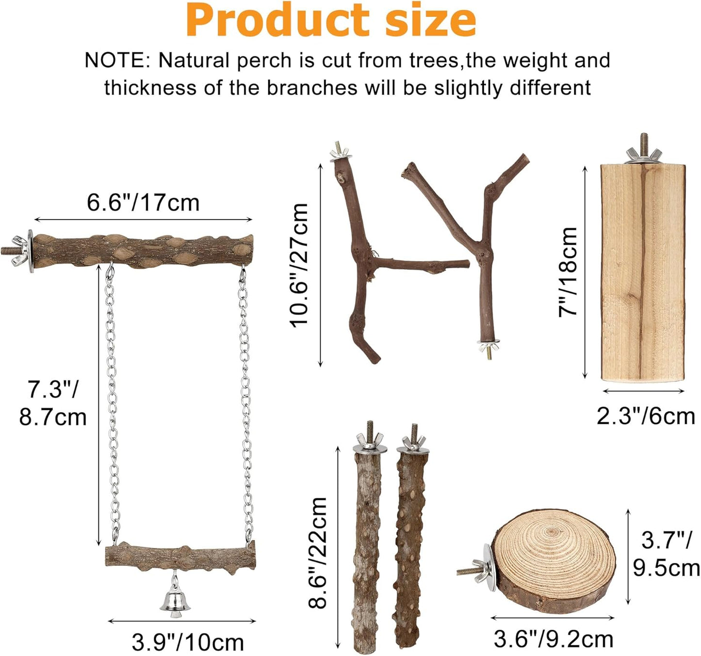 7PCS Bird Perches, Natural Wood Parrot Perch Stand, Bird Perch Chewing Stick Cage Accessories Hanging Multi-Branch Perch Platform Swing Toy for Parakeets, Cockatiels, Small Medium Birds