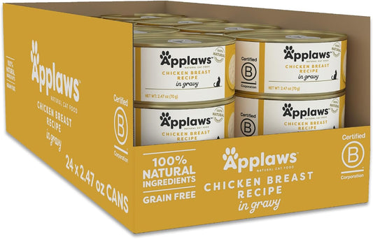 Applaws Natural Wet Cat Food in Gravy, Limited Ingredient Canned Wet Cat Food, No Additives, Made with Natural Ingredients, Chicken Breast in Gravy (24 x 2.47oz Cans)