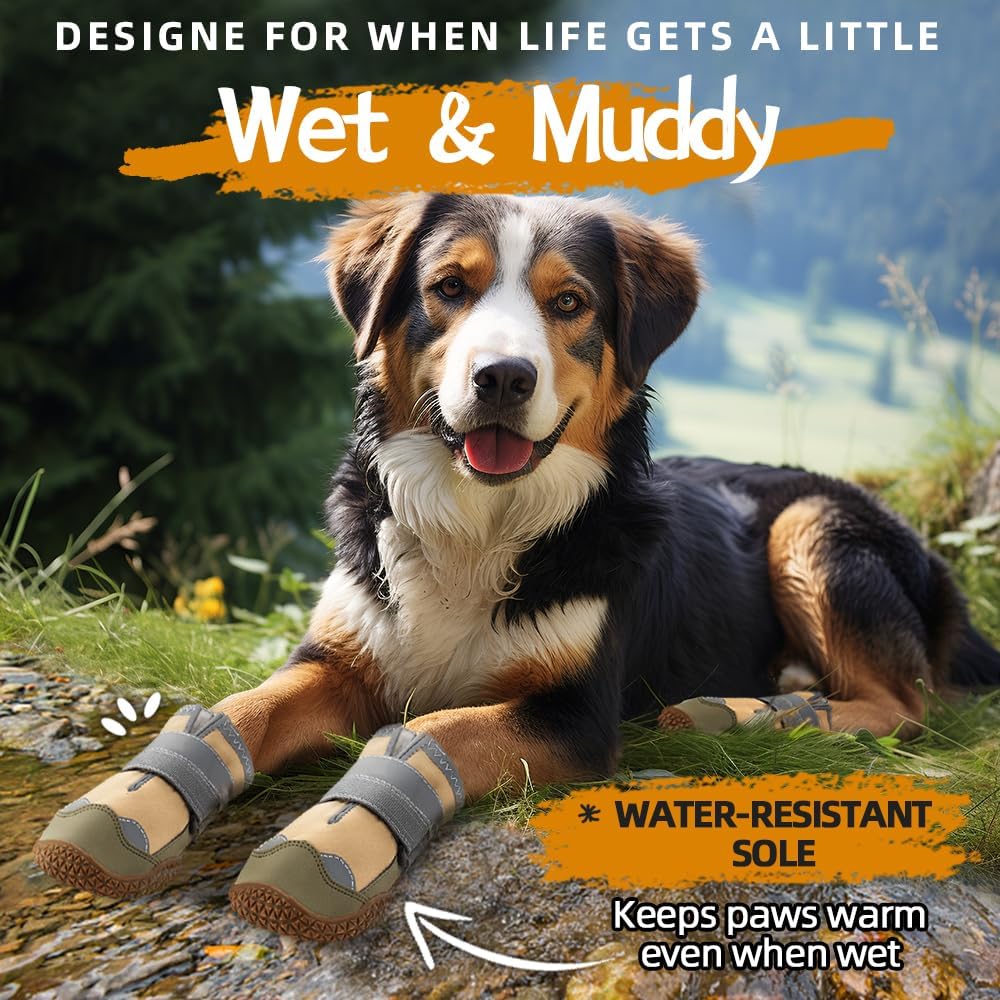 Dog Shoes for Large Dogs, Medium Dog Boots & Paw Protectors for Hardwood Floors, Outdoor Dog Booties for Hot Pavement Winter Snow Hiking, Waterproof Dog Shoes with Reflective Strips Size 3