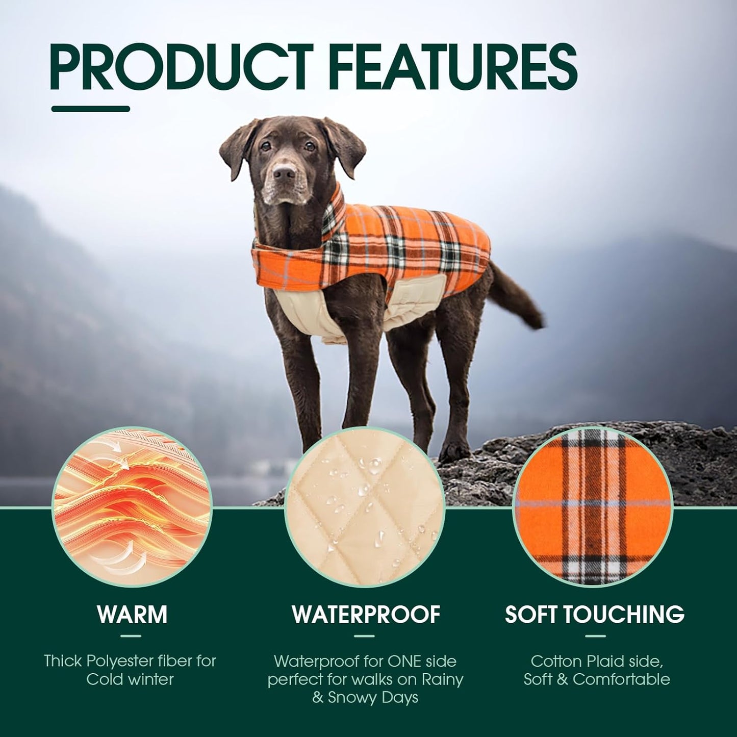 Kuoser Waterproof Dog Coat, Reversible Dog Jacket for Medium Dogs, Adjustable Durable Doggie Winter Coat Warm Puppy Cold Weather Apparel from Small to Large Breed, Orange M