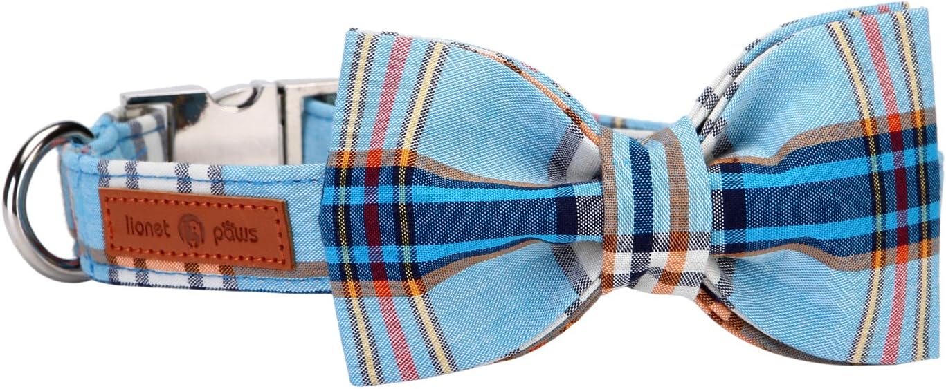 Lionet Paws Boy Dog Collar with Bowtie, Comfortable Adjustable Cute Blue Plaid Bow Tie Collar for Male Dogs Gift, XLarge, Neck 16-26 inches