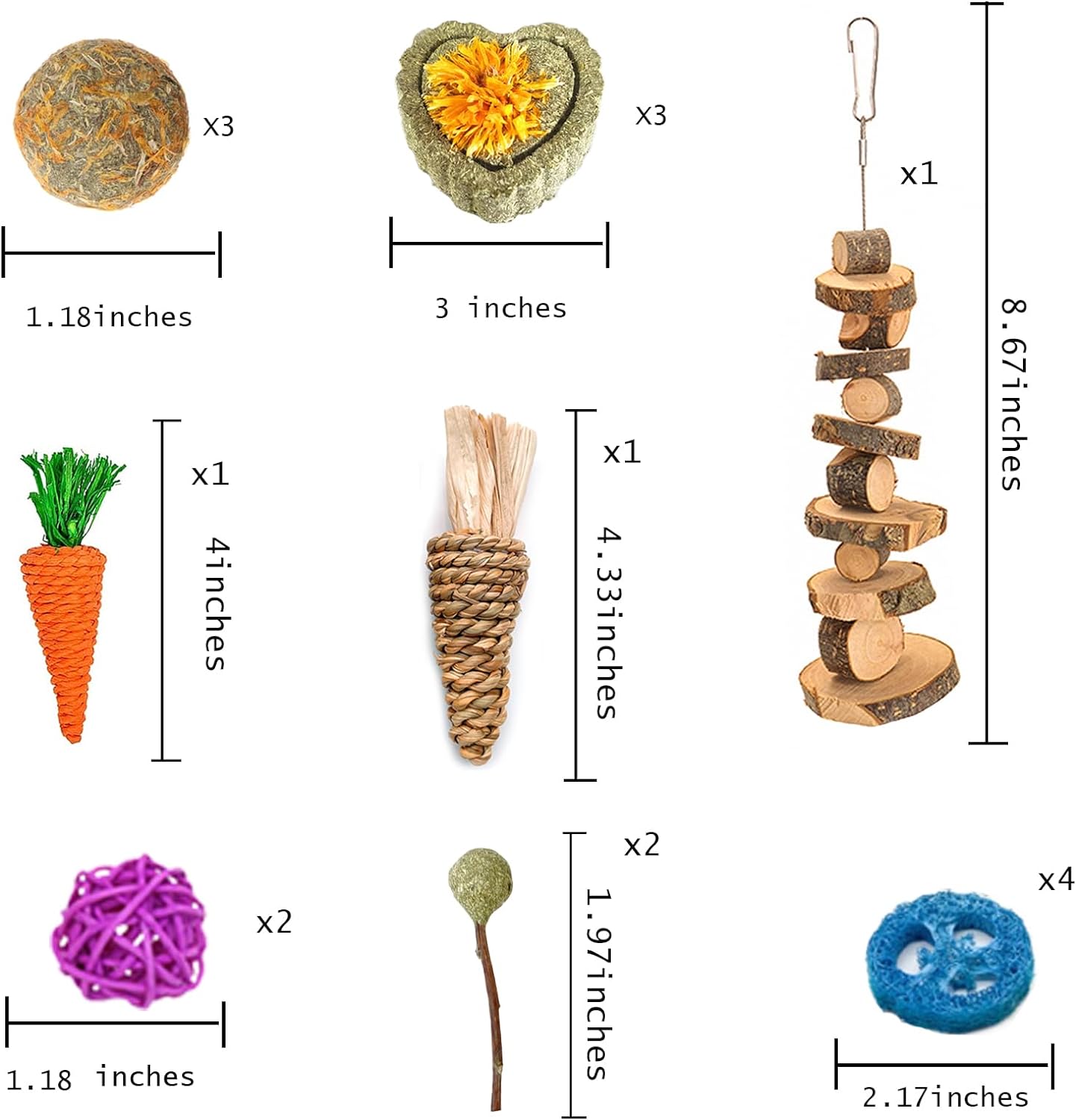 Grddaef 18 PCS Bunny Toys, Rabbit Toys Guinea Pig Toy Natural Apple Wood Grass Timothy Sticks Chew and Treat for Guinea Pigs Hamster Chinchillas