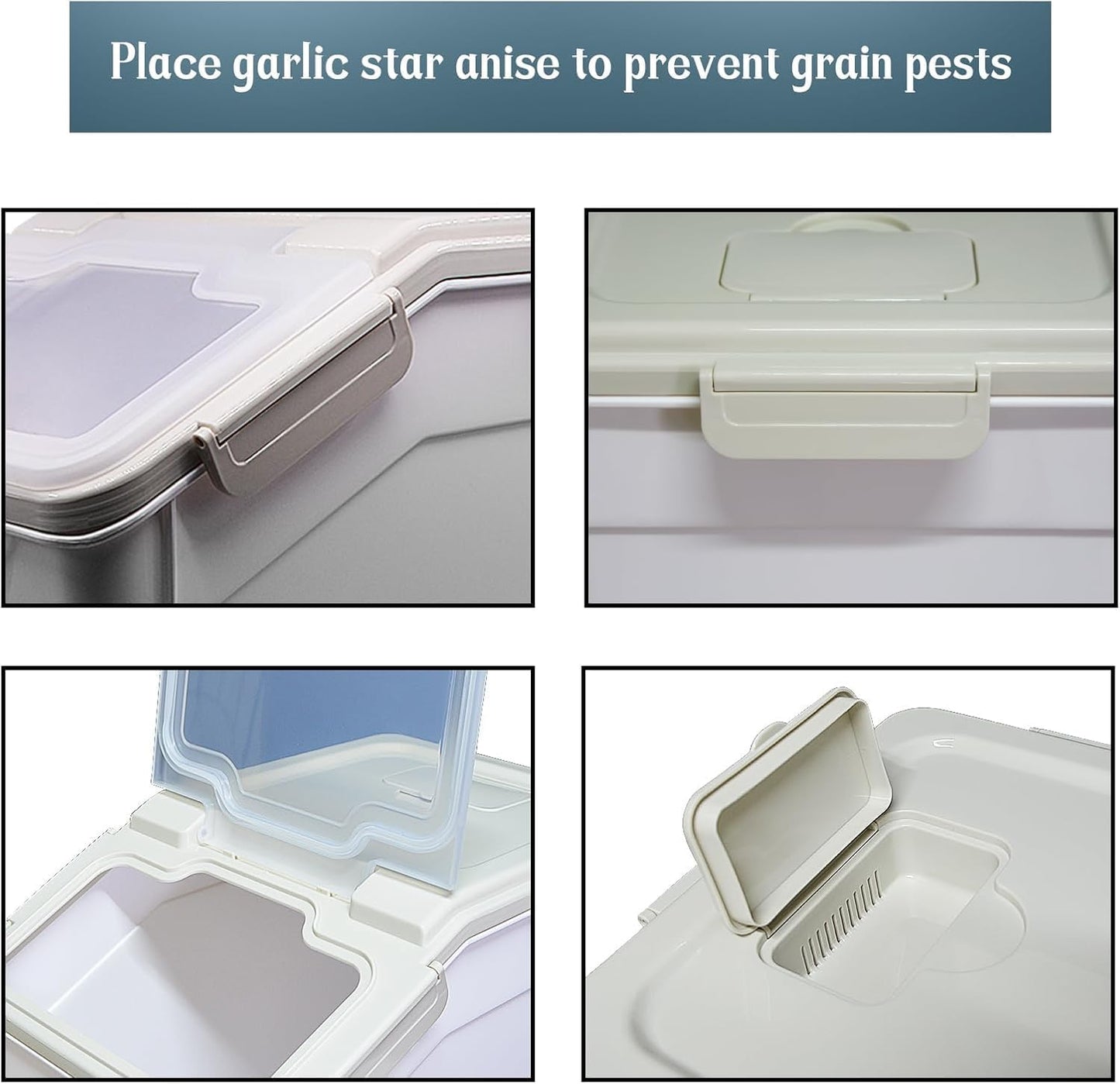 AnRui Rice Storage Container 50LB, Airtight Flour Storage Containers, Plastic Cereal Grain Dispenser Organizer Pet Food Storage Bin with Lid, Measuring Cup, Scoop, Gray, 2Pcs(Total Capacity:100LBS)