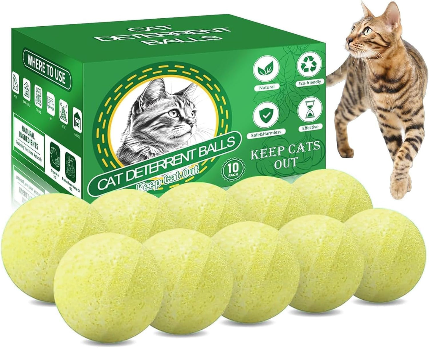 10Pack Cat Repellent Outdoor & Indoor: Natural Cat Deterrent Essential Oils Ball-Natural Extract Essential Oil, Anti Cat Scratch for Furniture, Keep Cats Off Yard Garden Lawn Plants Trash Can (10Pcs)