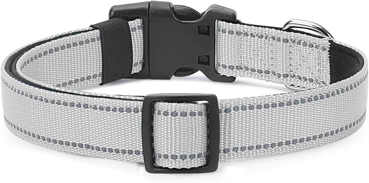 Reflective Dog Collar Padded with Soft Neoprene Breathable Quick Release Basic Dog Collars for Medium Large Dogs Boy Girl Silver