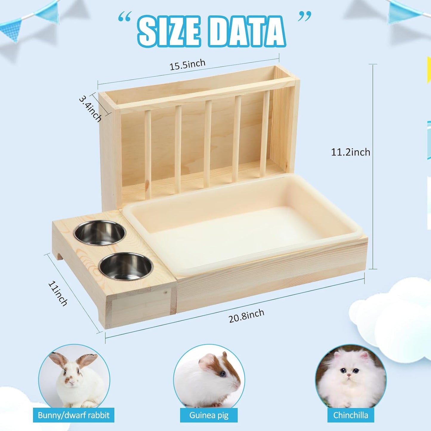 MOBYKE 3 in 1 Rabbit Hay Feeder with Litter Box, Wood, Mess Proof, for Guinea Pig, Chinchillas, Hamster, Dwarf Rabbit
