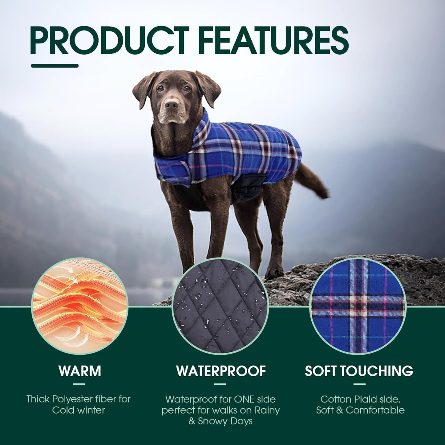 Kuoser Warm Dog Coat, Waterproof Dog Jacket for Extra Large Dogs, Adjustable Durable XXXL Doggie Winter Coat Reversible Puppy Cold Weather Apparel for Large Breed, Navy 3XL