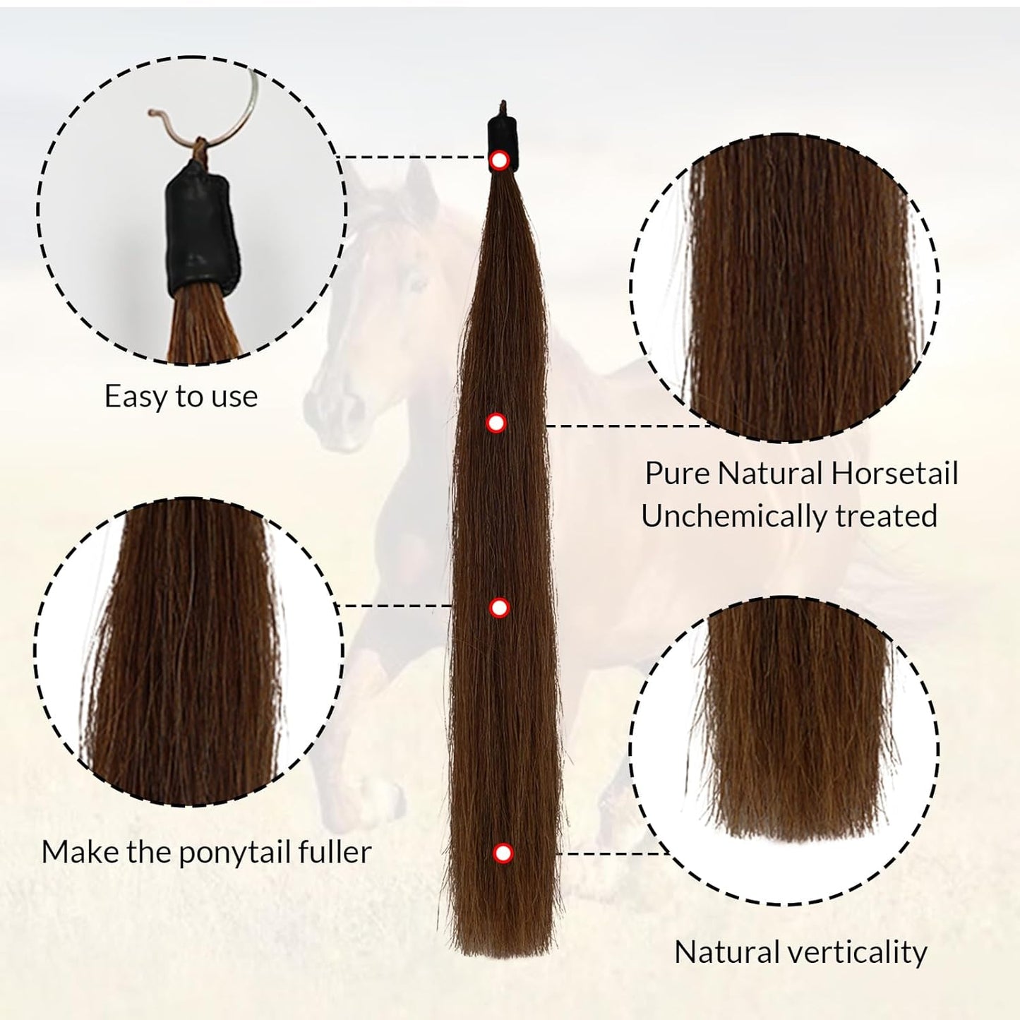Horse Tail Extension with Braided Horsehair Loop, Blunt Cut Bottom, 3/8 lb, 28-30 inches (chestnut)