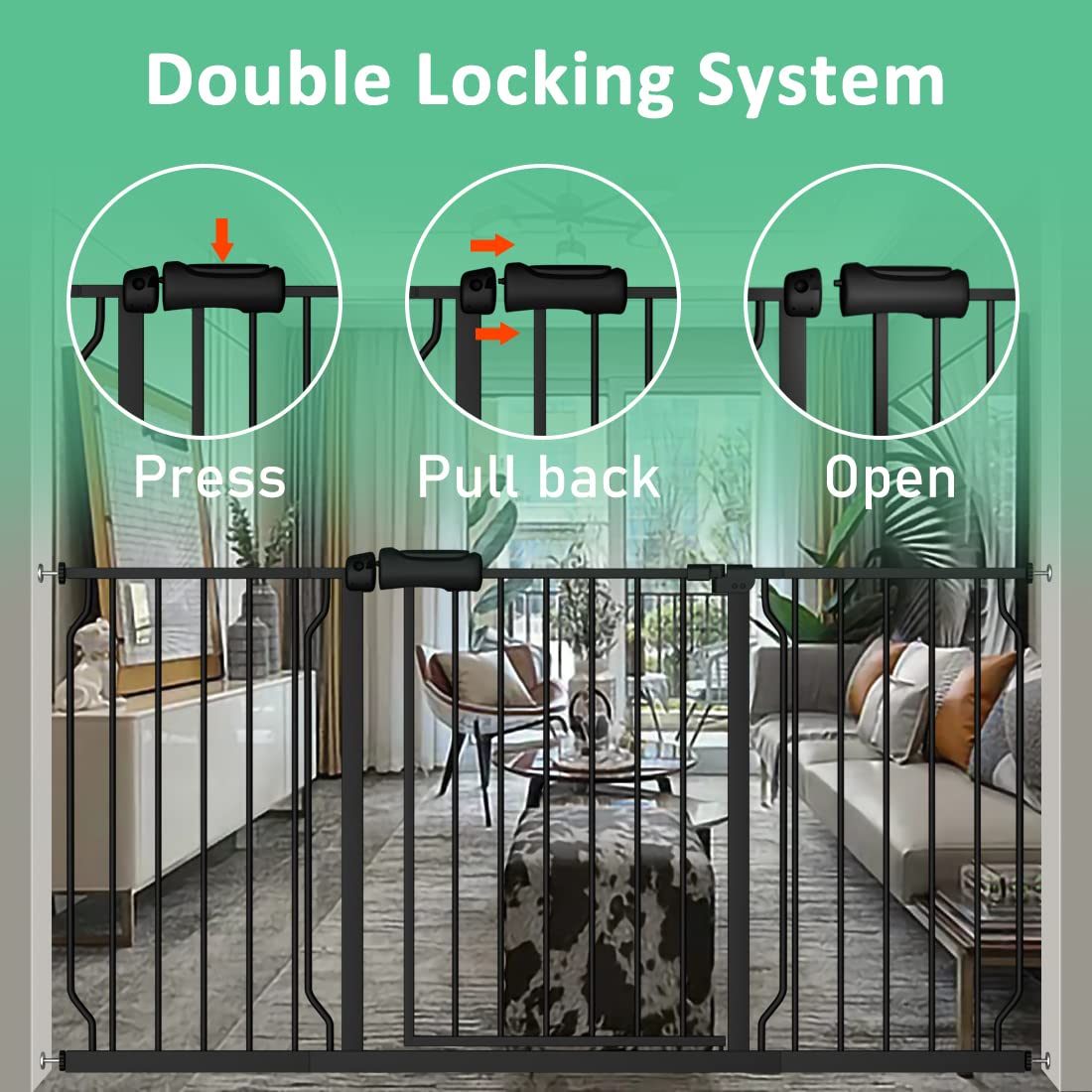 ALLAIBB Extra Wide Pressure Mounted Baby Gate Walk Through Child Kids Safety Toddler Tension White Long Large Pet Dog Gates with Extension for doorways Kitchen (57.48-62.20"/146-158cm, Black)