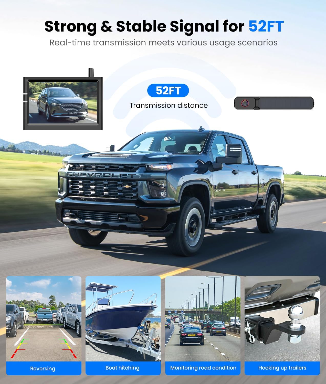 AUTO-VOX Solar Wireless Backup Camera:5" HD 1080P Monitor,3 Mins DIY Installation & 5000 mAh Battery Powered Solar Back Up Camera Systems, IP69K Waterproof Reverse Camera for Car, Van, Truck, Trailer