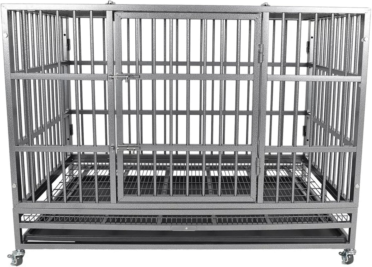 Indestructible Dog Crate Cage Kennel, 47 inches, High Anxiety Dog Crate with Removable Trays, Wheels and Double Door, for Medium and Large Dogs