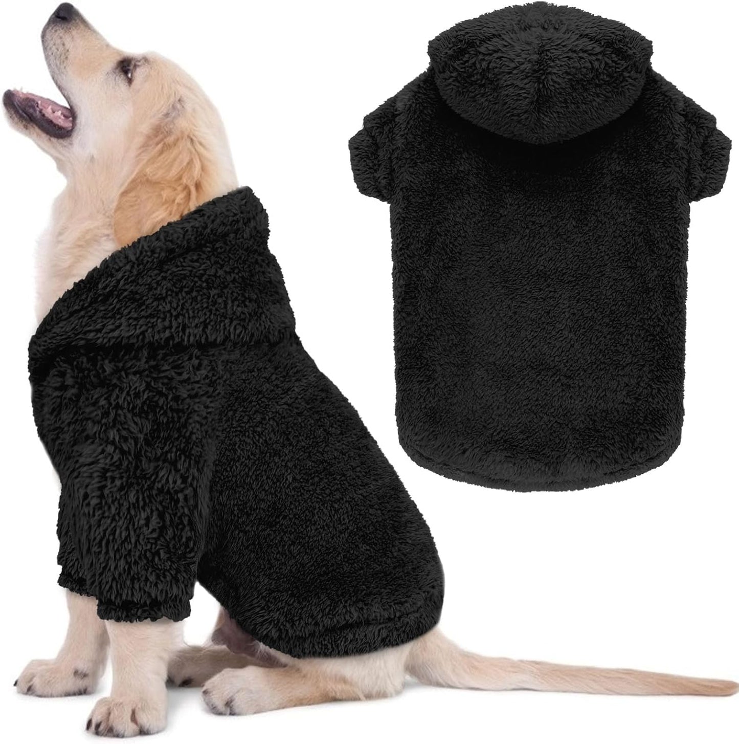 Fuzzy Dog Hoodie Dog Sweaters for Small Dogs Soft Double-Sided Plush Fleece Pet Sweater Clothes Pet Coats Sherpa Hooded Sweatshirt(Black-XS)