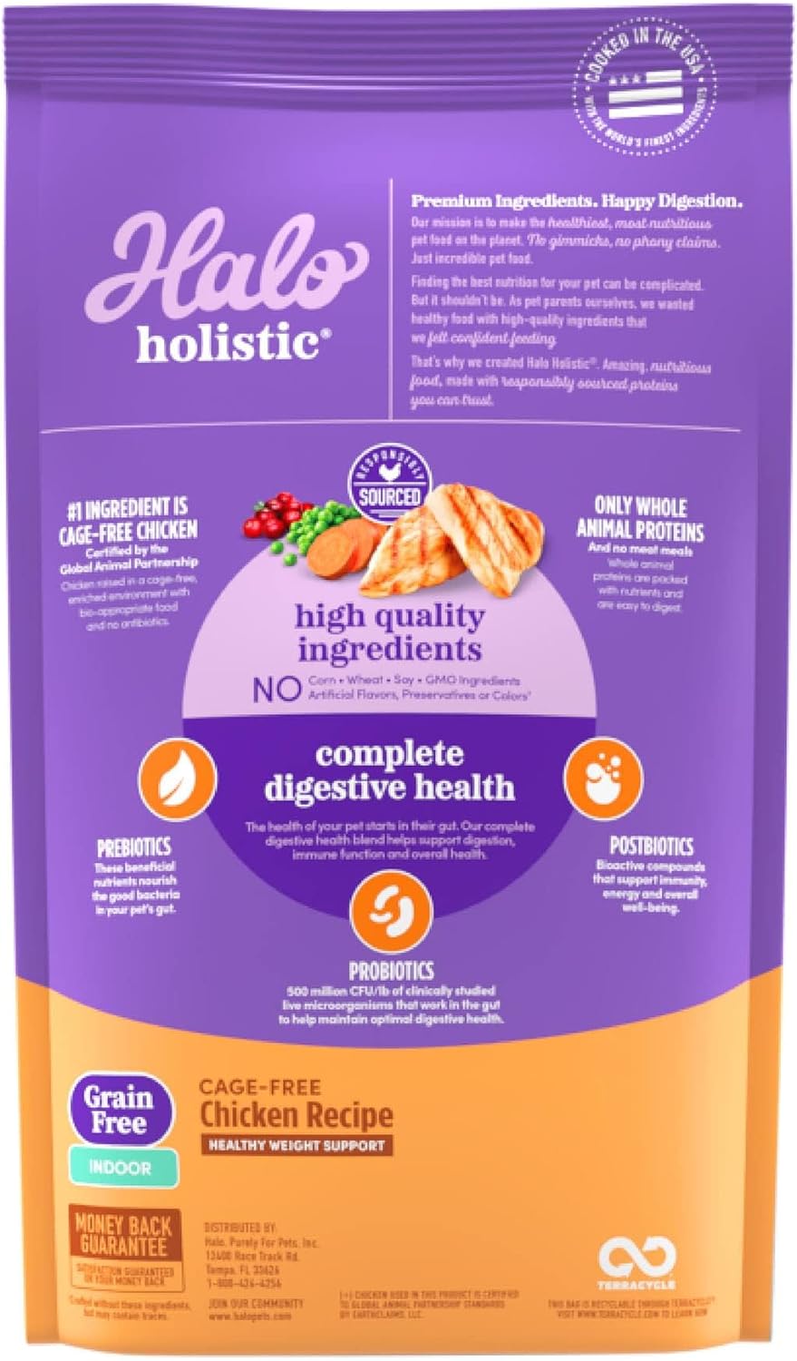 Halo Holistic Cage Free Chicken Cat Food, Grain Free Dry Cat Food, For Healthy Weight Support, Kibble for Indoor Cats, 3 lb Bag