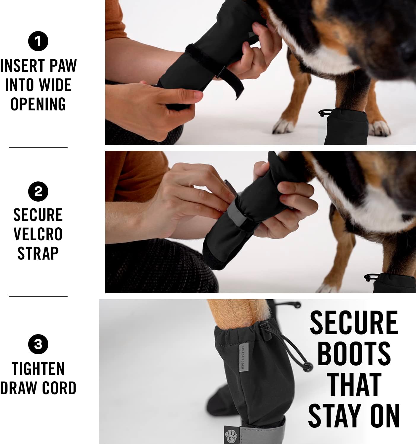 Canada Pooch Dog Winter Boots - Paw Protection, Anti-Slip Dog Shoes with Reflective Strap, Easy On for Small Medium Large Dog Booties - Black, Size 3