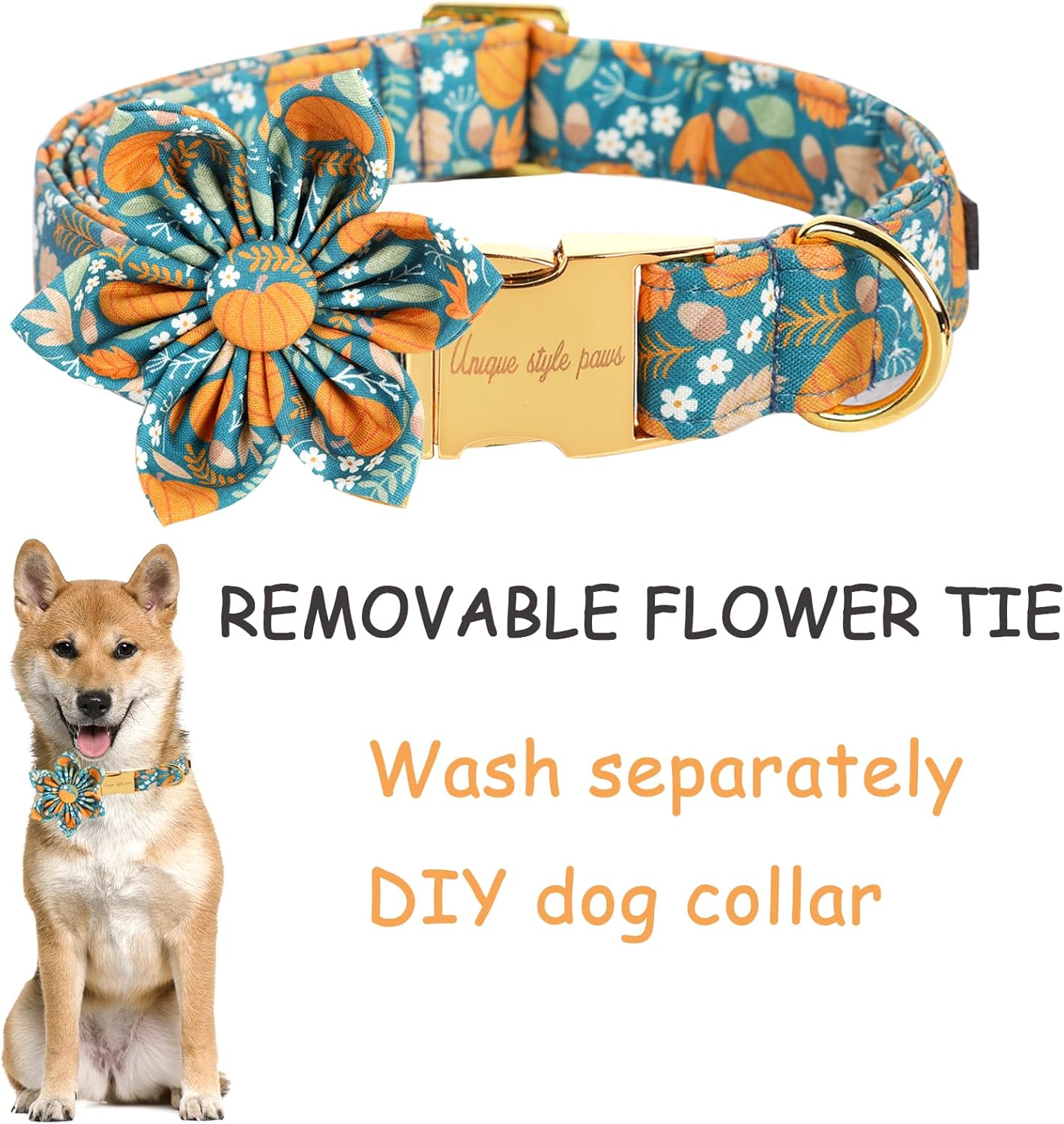 Unique style paws Halloween Dog Collar with Flower Tie Pumpkin Cotton Collar Adjustable Puppy Collar for Small Medium Large Dogs-L