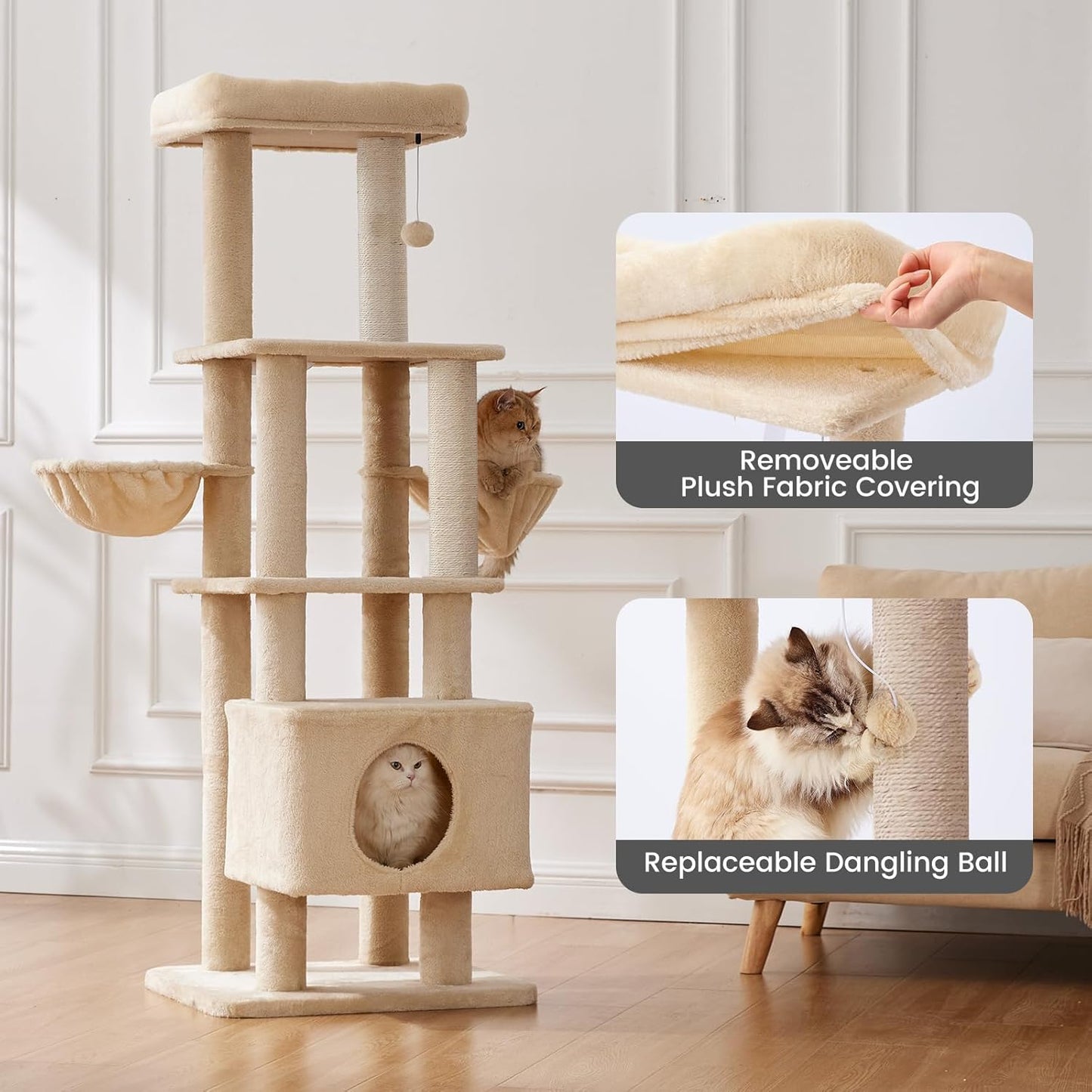 Gardner Pet 65in Heavy Duty Cat Tree Tower for Large Cats, Multi-Level Cat Furniture with Replaceable Sisal Scratching Post, Hammock | Extra-Large Platform & Condo (Beige)