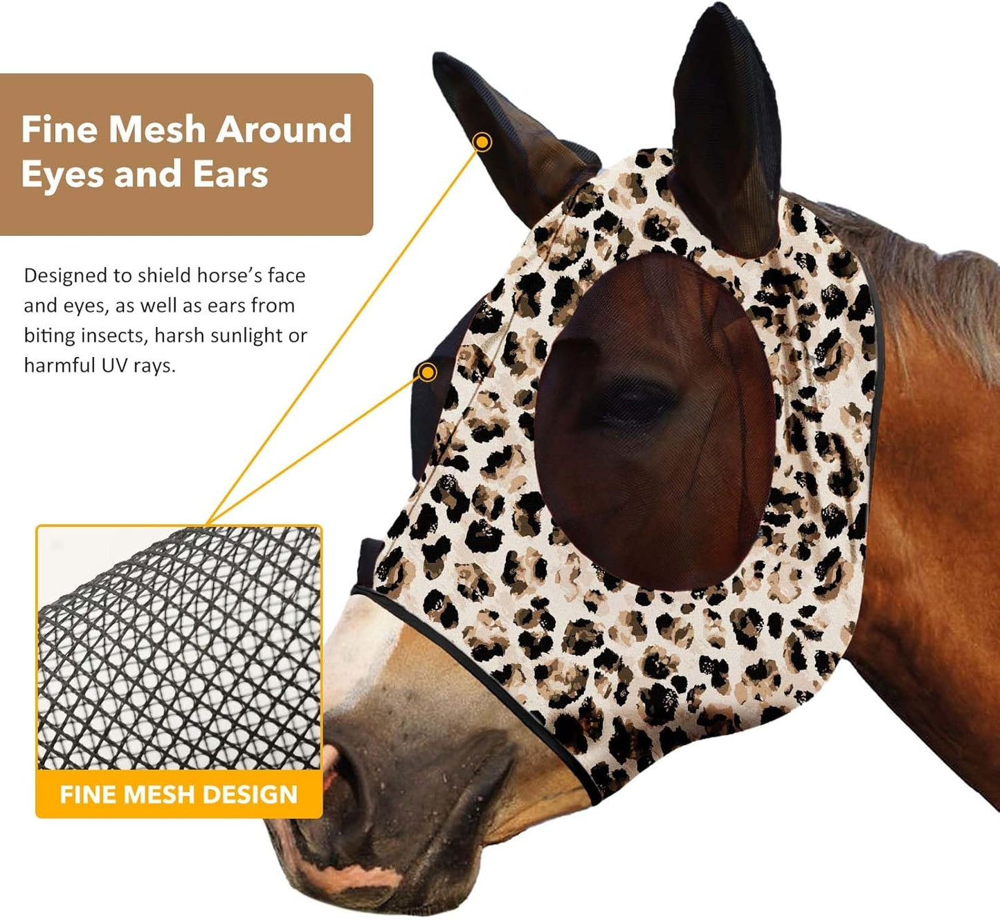 Harrison Howard Super Comfort Stretchy Fly Mask Large Eye Space with UV Protection Soft on Skin with Breathability Leopard Print Full Size