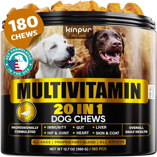 20-in-1 Dog Multivitamin Supplements - Immunity, Digestion, Joint and Heart Health Support - Natural Dog Vitamins with Biotin, Msm, Cranberry, Glucosamine for Dogs - 180 Chews