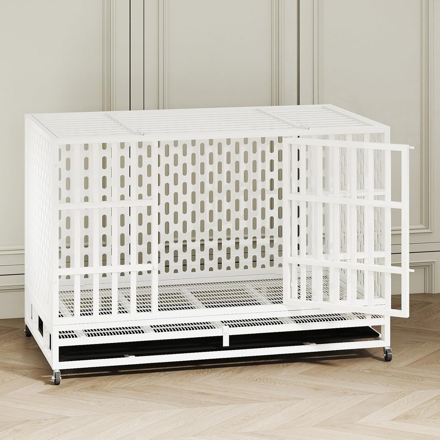 48 Inch Heavy Duty Indestructible Dog Crate Steel Escape Proof, Indoor Double Door High Anxiety Cage, Kennel with Wheels, Removable Tray,White,Extra Large XL XXL