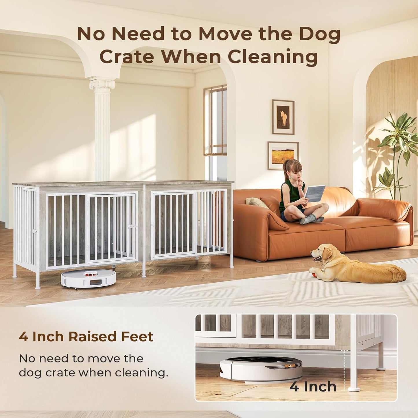 78 Inch Dog Cage Furniture for 2 Large/Medium Dogs with Removable Divider, Extra Large Double Doors Dog Kennel, XXL Thick Wooden Dog cage Furniture, Durable and Sturdy, Beige