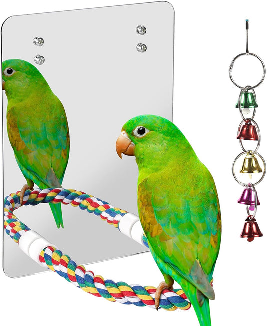 10.6" Bird Mirror with Rope Perch Bird Toys Swing, Comfy Perch for Greys Amazons Parakeet Cockatiel Conure Lovebirds Finch Canaries