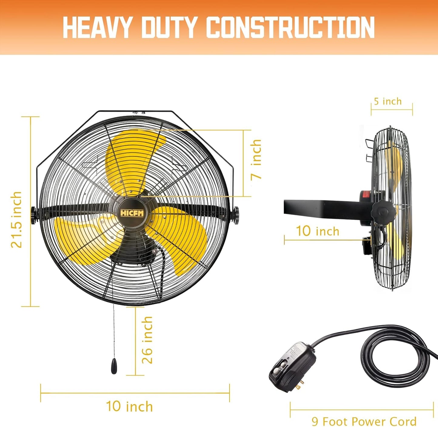HiCFM 4600 CFM 18 inch Outdoor Safety Yellow Wall Mounted Fan with IP44 Enclosure Motor, Sealed Control Box, 9 FT Cord & GFCI Plug, 3-Speed Weatherproof for Patio, Workstation - UL Listed, 2 Pack