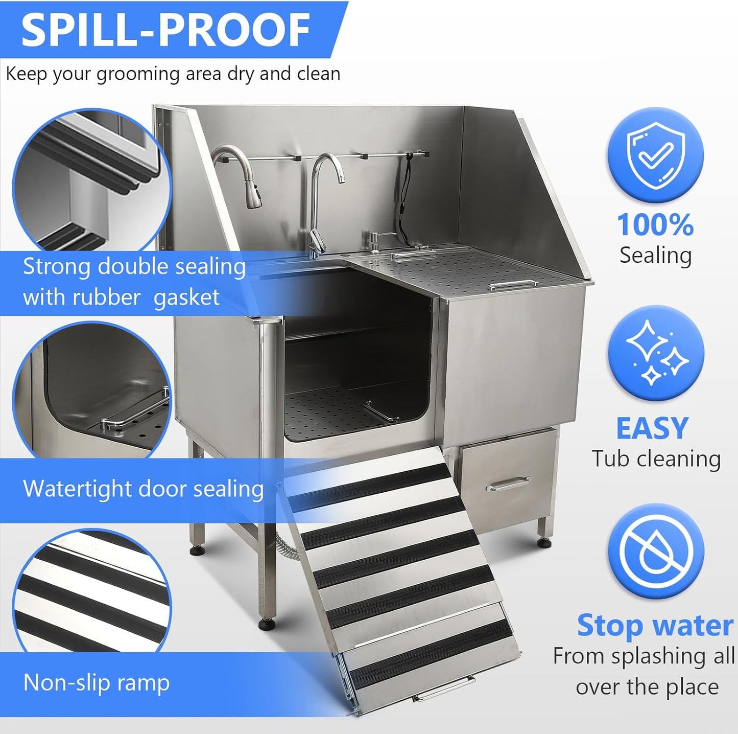 50" Dog Washing Station, Professional Stainless Steel Pet Dog Bathing Station with Ramp, Faucet, Storage Drawer, Floor Grate Dog Bathtub for Large, Medium, Small Pets (Right Ramp)