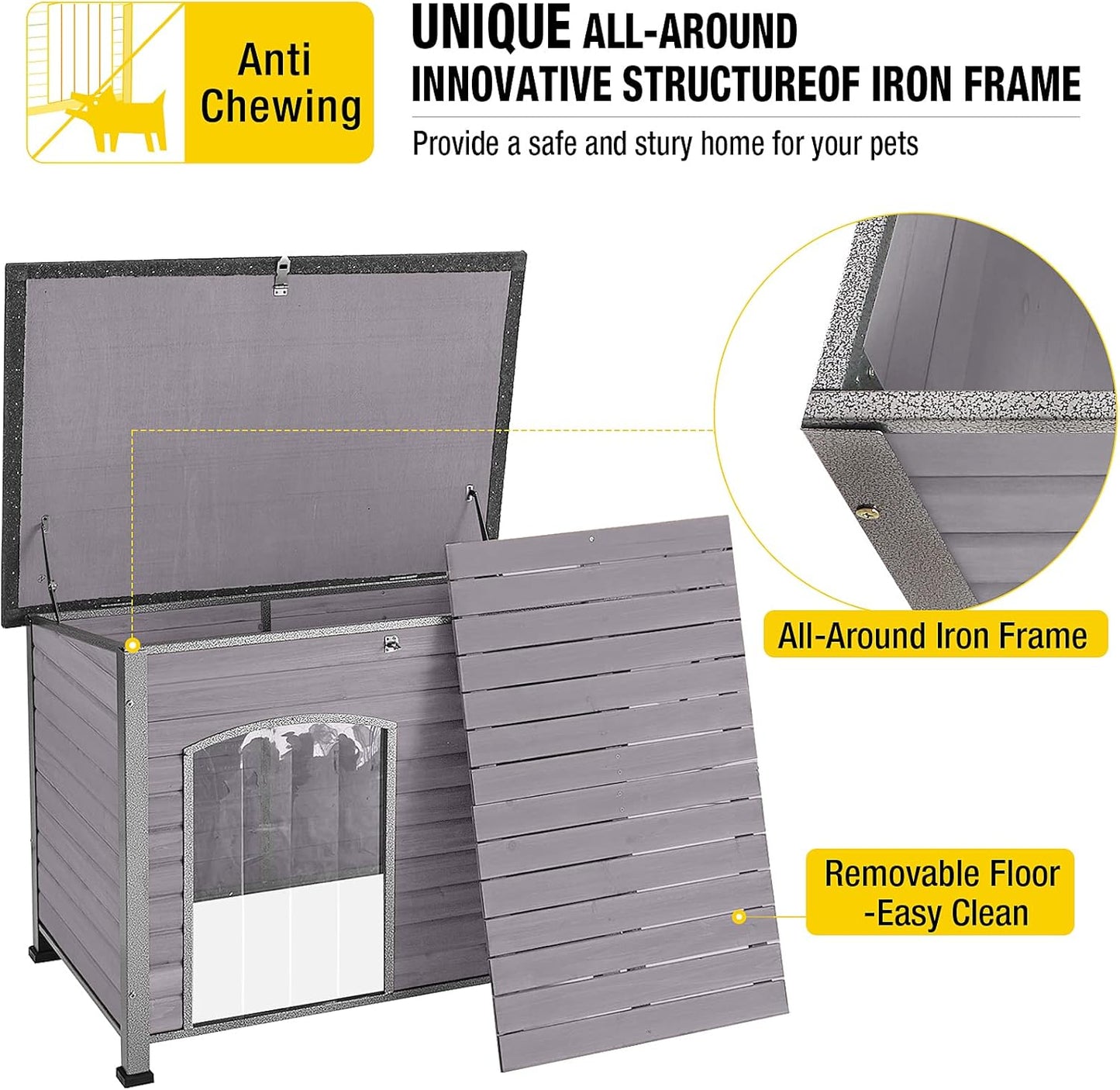 Aivituvin Large Dog House Outdoor Indoor Weatherproof Dog House for Small & Medium & Large Dogs with Unique All-Around Iron Frame＆Raised Feet（Grey）