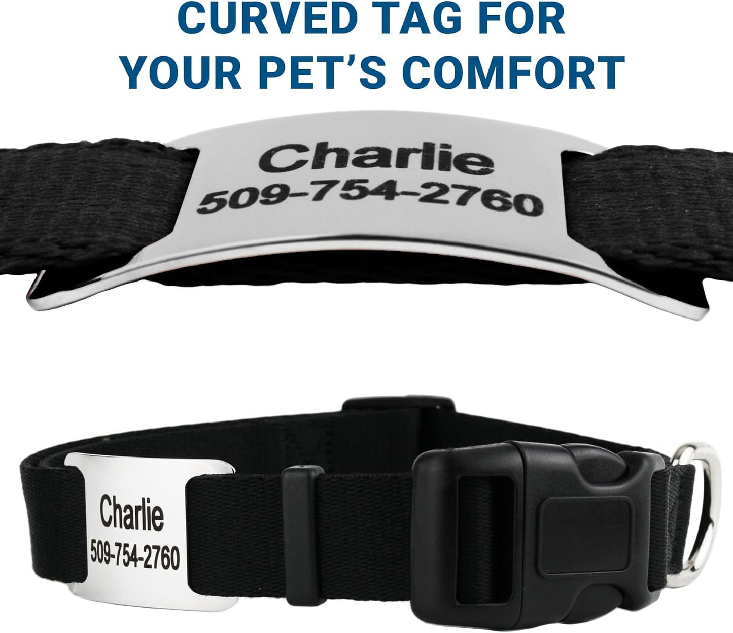 GoTags Personalized Dog Collar with Nameplate, Adjustable Dog Collar with Custom Engraved Slide On Pet ID Tag in Stainless Steel, Silent, No Noise Dog Tag (Light Blue, Medium)