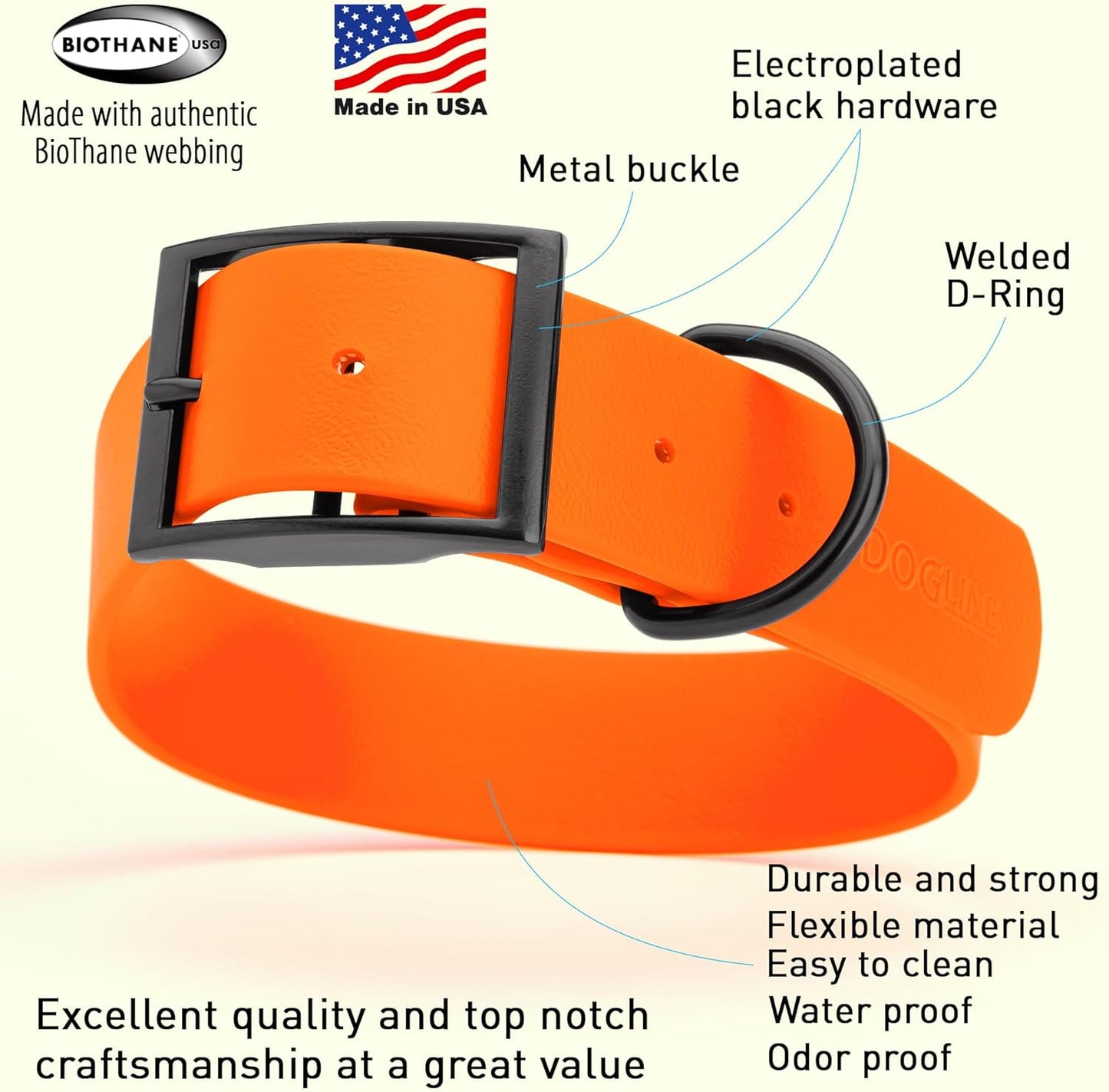 Dogline Biothane Waterproof Dog Collar Strong Coated Nylon Webbing with Black Hardware Odor- Proof for Easy Care Easy to Clean High Performance Fits Small Medium or Large Dogs, Hunter Orange