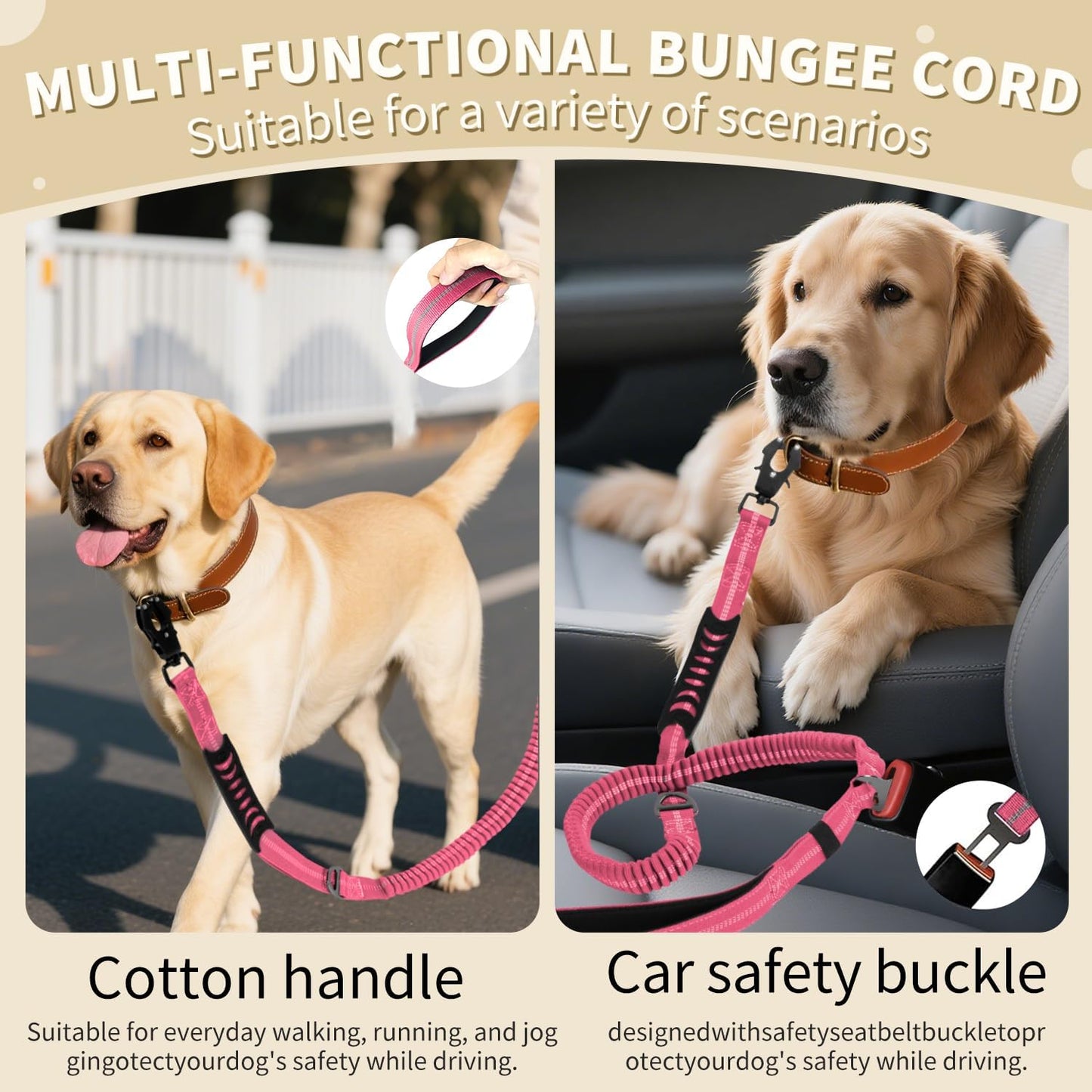 Heavy Duty Tactical Bungee Dog Leashes, 4-6FT Shock Absorbing Tactical Dog Leash with 2 Padded Handles, Metal Carabiner Clip,Car Seatbelt, Reflective Dog Leash for Medium Large Dogs (Pink)