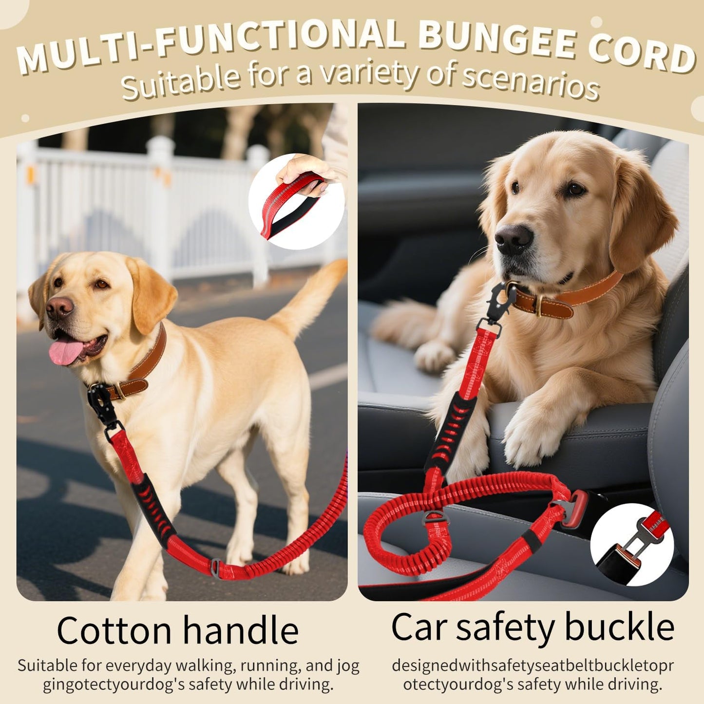 Heavy Duty Bungee Dog Leashes, 4-6FT Shock Absorbing Tactical Dog Leash with 2 Padded Handles, Metal Carabiner Clip, No Pull Reflective Dog Leash for Medium Large Dogs (Red)