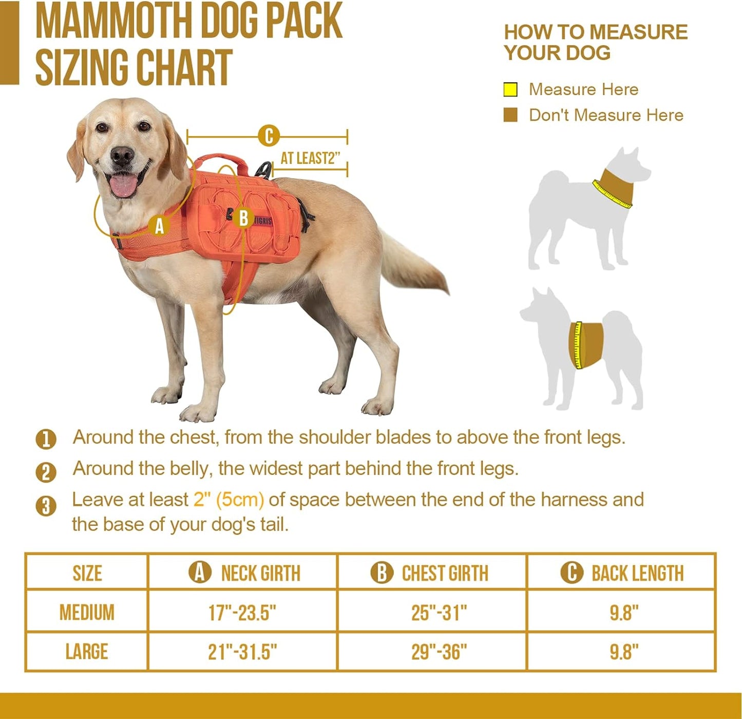 ONETIGRIS Dog Backpack for Medium & Large Dogs, Nylon Backpack for Dogs Tactical Pet Backpack with Side Pockets for Hiking Walking Training Running (Orange, Medium)