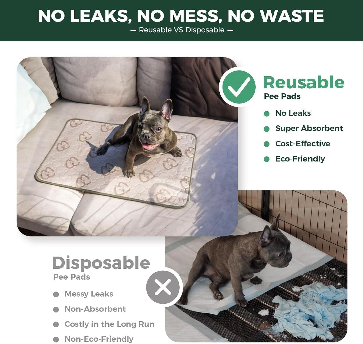 FXW Washable Pee Pads for Dogs, Puppy Pads with Super Absorbent, Specifically Designed for 48inch Cages, 47" × 29" Rectangle, Khaki, 1 Pack