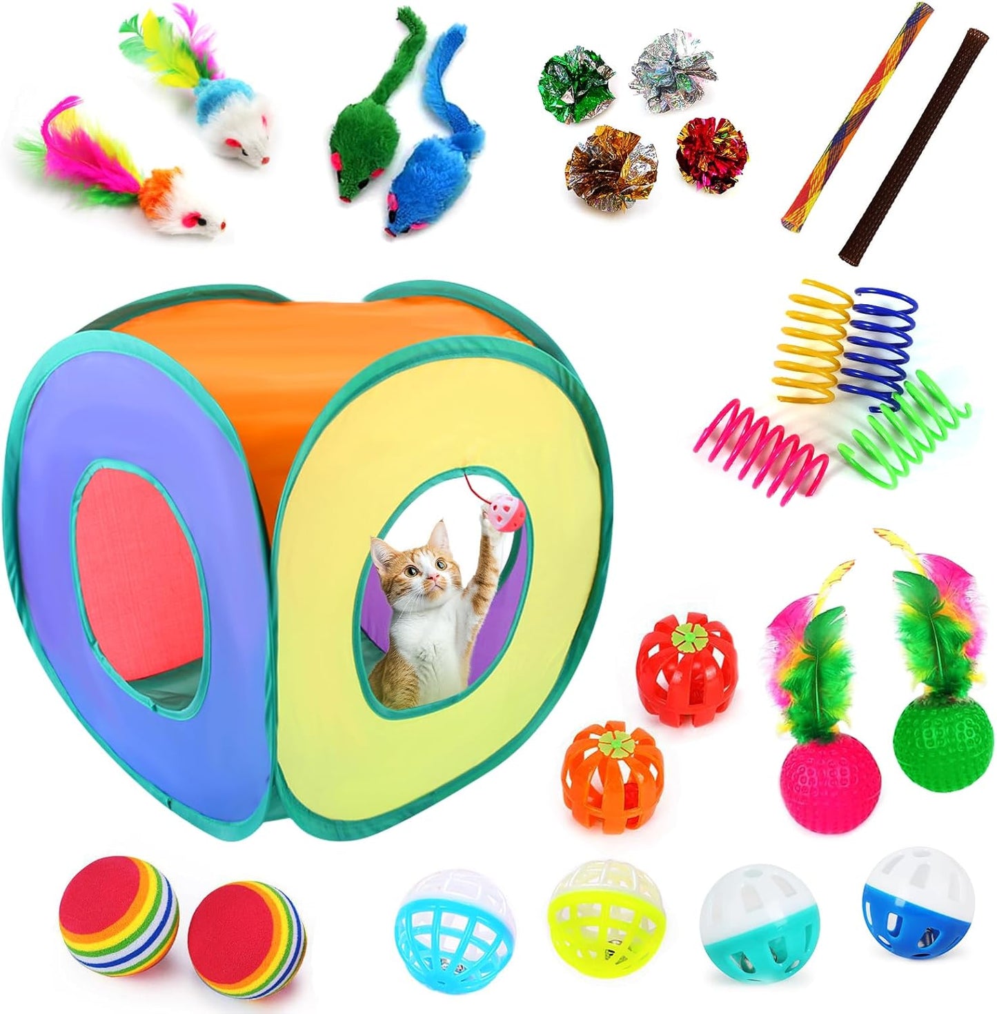 25-Piece Cat Toys Kit with Rainbow Cube Tunnel - Interactive Cat Toy Bundle for Indoor Cats, Kitten Playtime Variety Set Includes Springs, Balls, Mice & Noise Toys