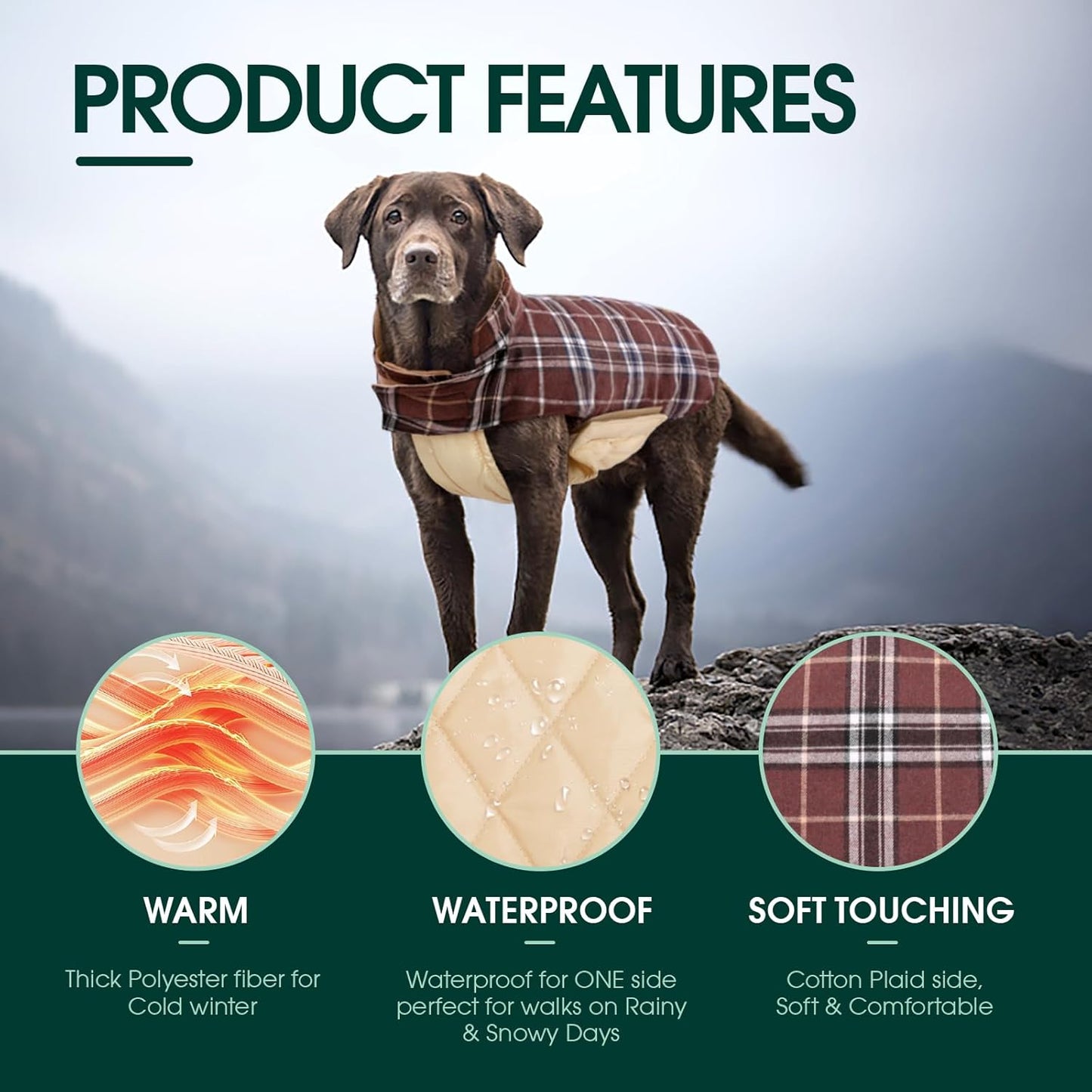 Kuoser Warm Dog Coat, Waterproof Dog Jacket for Extra Large Dogs, Adjustable Durable XXXL Doggie Winter Coat Reversible Puppy Cold Weather Apparel for Large Breed, Brown 3XL
