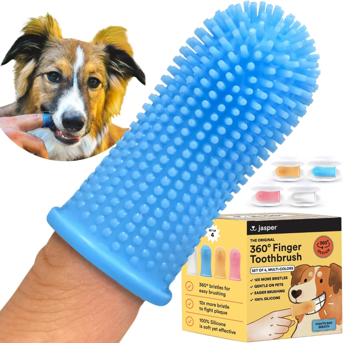 Jasper Dog Toothbrush, 360 Degree Pet Tooth Brushing Kit, Cat Toothbrush, Canine Dental Care & Teeth Cleaning Kit, Pet Finger Tooth Brush, Use with Dog Toothpaste, 4-Pack Multicolor