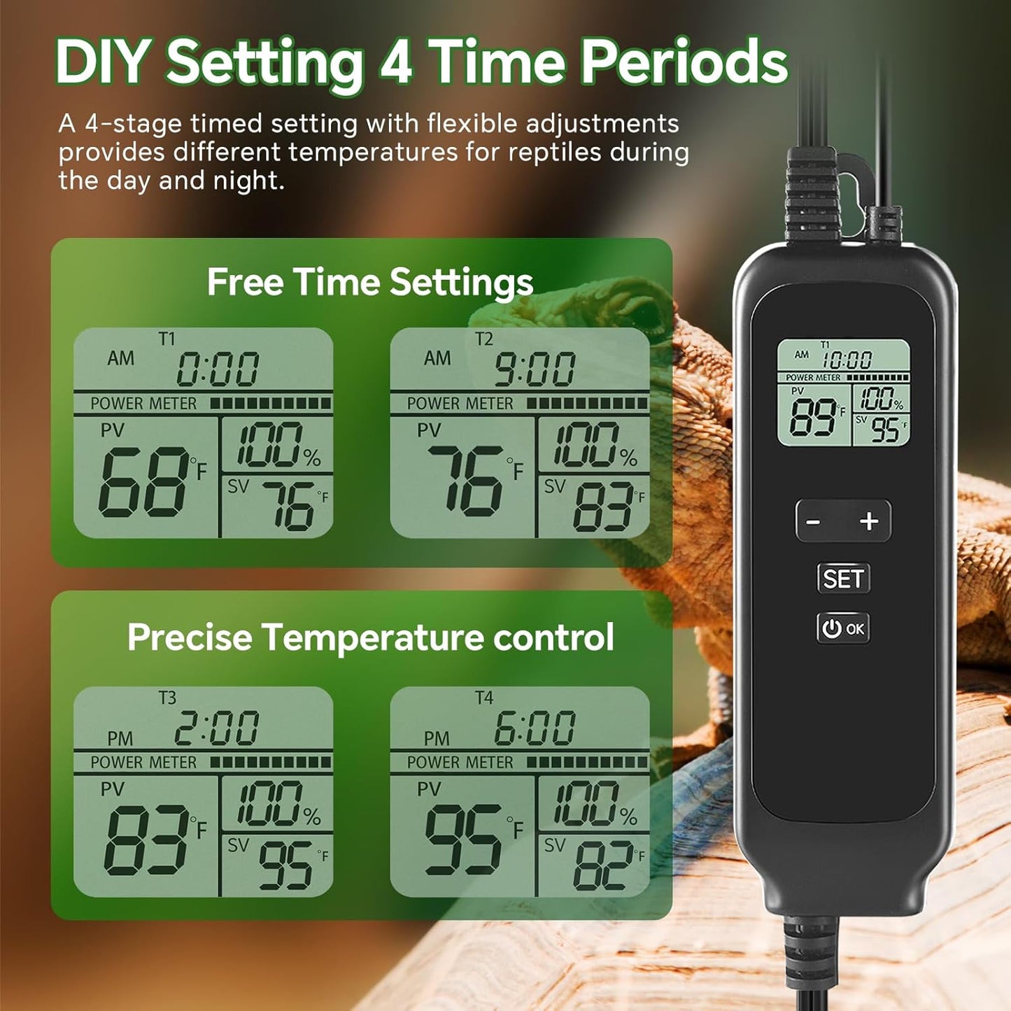 5.5 inch Reptile Heat Lamp Fixture with Thermostat and Timer,Reptile Light Fixture with Dimming Thermostat Max 100W,PID Temperature Controller for UVB Lights,Basking Heat bulbs and Terrariums