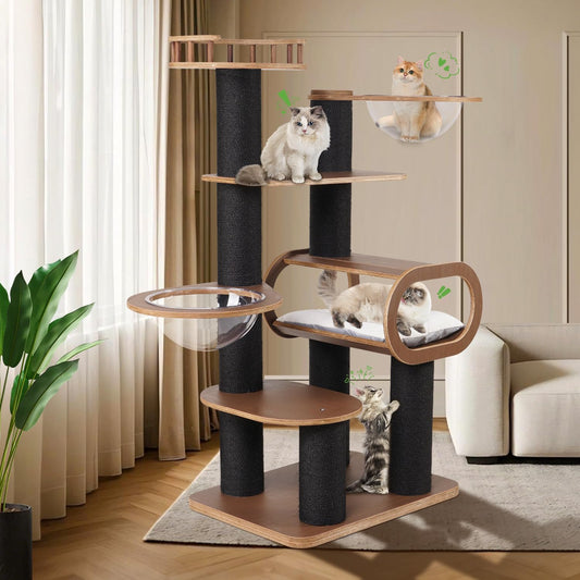 63'' Modern Cat Tree, Black Cat Tower with Scratching Post, Wooden Cat Tree for Indoor Cats Large Adult, Luxury Cat Furniture, Heavy Duty Activity Center with Transparent Bowl and Semi-Closed Condo