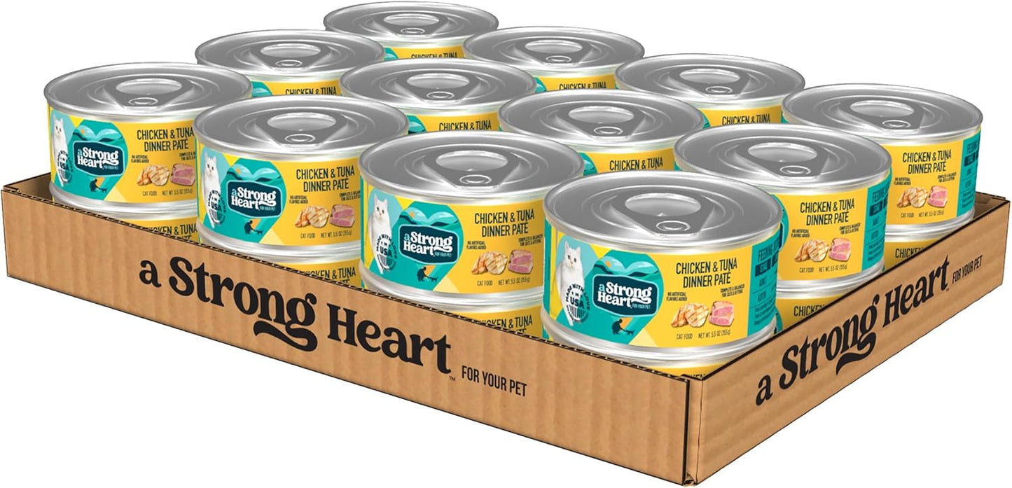 A Strong Heart Canned Wet Cat Food, Chicken & Tuna Dinner Paté - 5.5 oz Cans (Pack of 24), Made in The USA with Real Chicken & Tuna