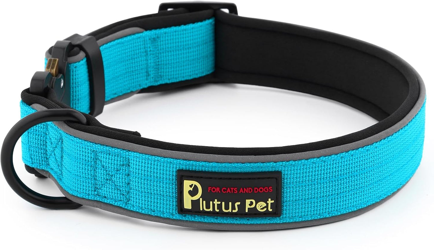 Plutus Pet Tactical Dog Collar, Reflective, Adjustable Heavy Duty Dog Collar, Soft Padded and Comfortable, for Small Medium and Large Dogs (Cyan, S)