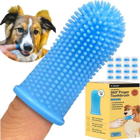 Jasper Dog Toothbrush, 360 Degree Pet Tooth Brushing Kit, Cat Toothbrush, Canine Dental Care & Teeth Cleaning Kit, Pet Finger Tooth Brush, Use with Dog Toothpaste, 16-Pack Blue